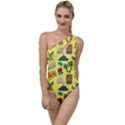 Tropical Island Tiki Parrots, Mask And Palm Trees To One Side Swimsuit View1