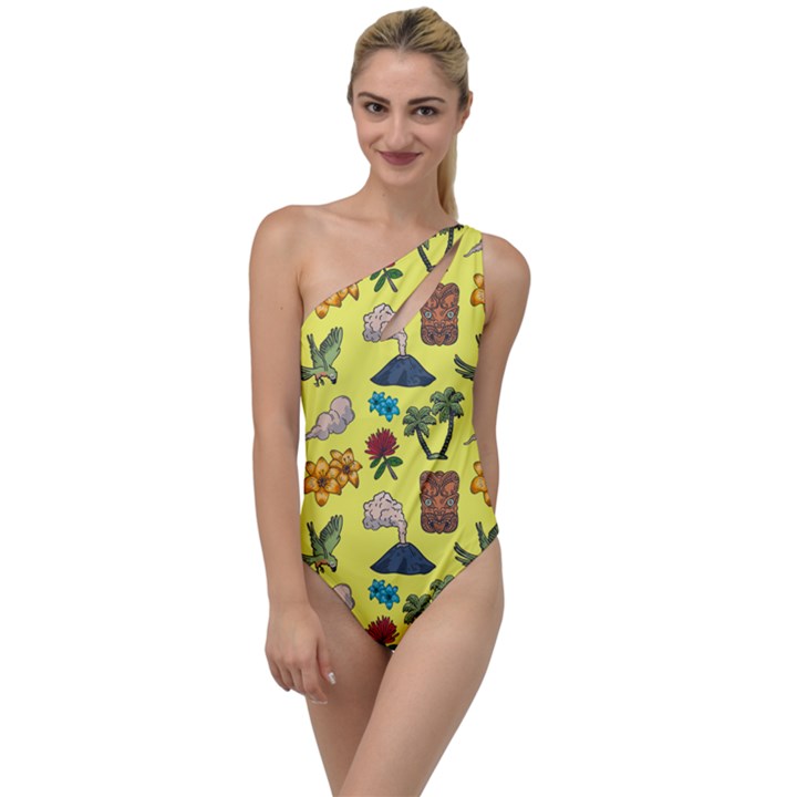 Tropical Island Tiki Parrots, Mask And Palm Trees To One Side Swimsuit