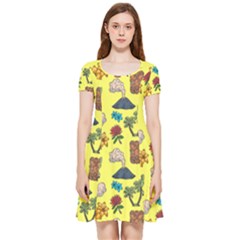 Tropical Island Tiki Parrots, Mask And Palm Trees Inside Out Cap Sleeve Dress by DinzDas