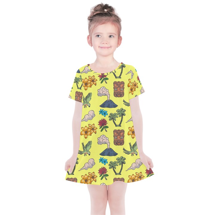 Tropical Island Tiki Parrots, Mask And Palm Trees Kids  Simple Cotton Dress