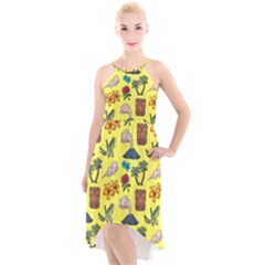 Tropical Island Tiki Parrots, Mask And Palm Trees High-low Halter Chiffon Dress  by DinzDas