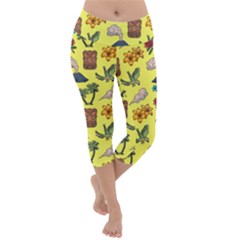 Tropical Island Tiki Parrots, Mask And Palm Trees Lightweight Velour Capri Yoga Leggings by DinzDas