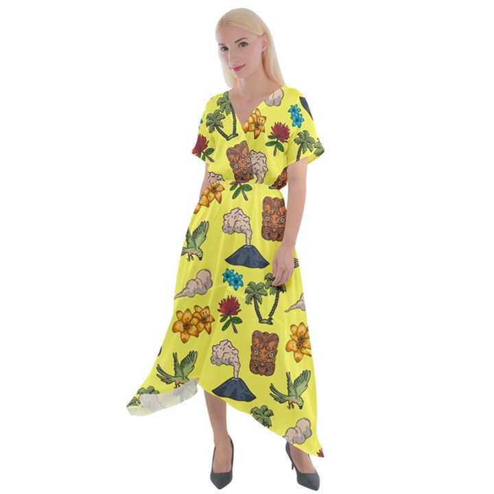 Tropical Island Tiki Parrots, Mask And Palm Trees Cross Front Sharkbite Hem Maxi Dress