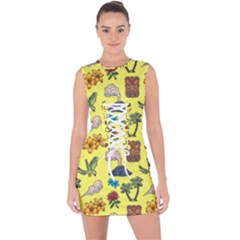 Tropical Island Tiki Parrots, Mask And Palm Trees Lace Up Front Bodycon Dress by DinzDas