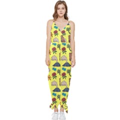 Tropical Island Tiki Parrots, Mask And Palm Trees Sleeveless Tie Ankle Jumpsuit