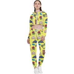 Tropical Island Tiki Parrots, Mask And Palm Trees Cropped Zip Up Lounge Set by DinzDas