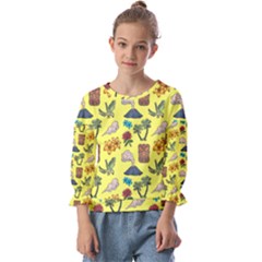 Tropical Island Tiki Parrots, Mask And Palm Trees Kids  Cuff Sleeve Top