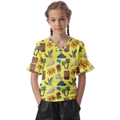 Tropical Island Tiki Parrots, Mask And Palm Trees Kids  V-neck Horn Sleeve Blouse