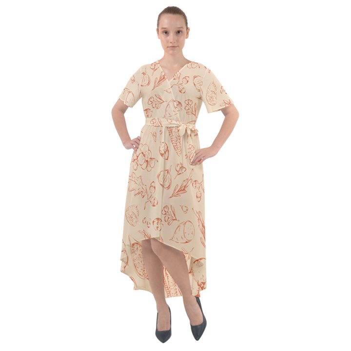 Thanksgiving Flowers And Gifts Pattern Front Wrap High Low Dress