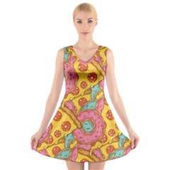 Fast Food Pizza And Donut Pattern V-neck Sleeveless Dress by DinzDas