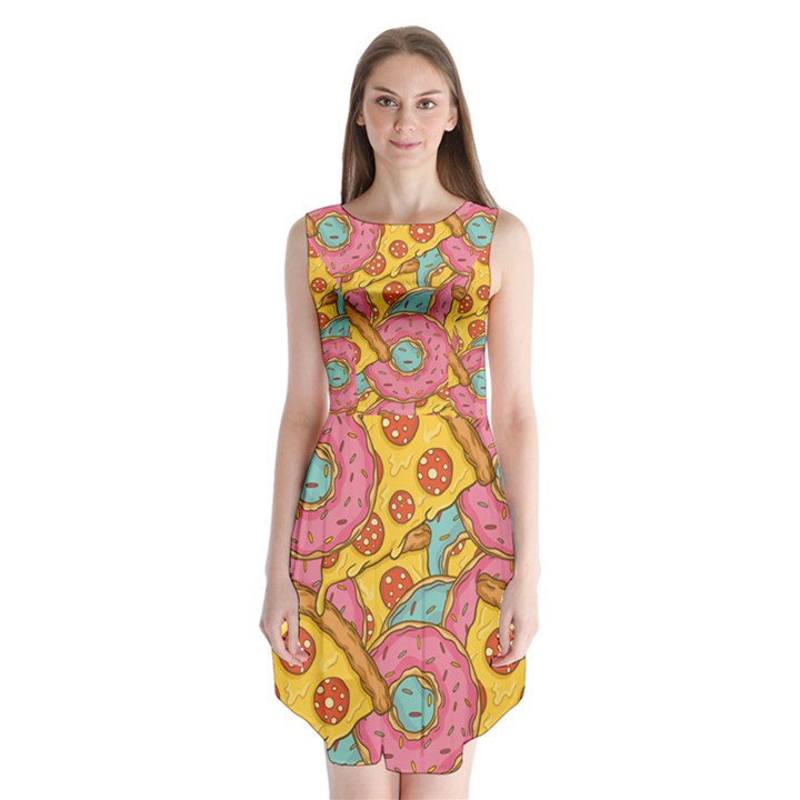 Fast Food Pizza And Donut Pattern Sleeveless Chiffon Dress  