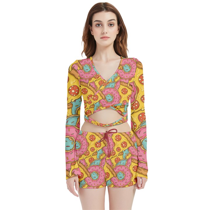 Fast Food Pizza And Donut Pattern Velvet Wrap Crop Top and Shorts Set