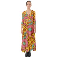 Fast Food Pizza And Donut Pattern Button Up Boho Maxi Dress by DinzDas