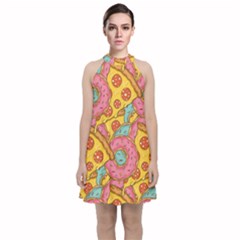 Fast Food Pizza And Donut Pattern Velvet Halter Neckline Dress  by DinzDas