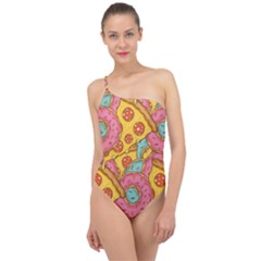 Fast Food Pizza And Donut Pattern Classic One Shoulder Swimsuit by DinzDas