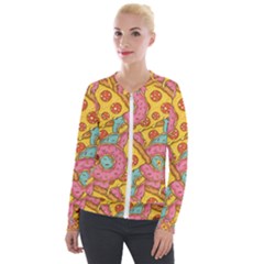 Fast Food Pizza And Donut Pattern Velvet Zip Up Jacket by DinzDas