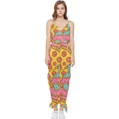 Fast Food Pizza And Donut Pattern Sleeveless Tie Ankle Jumpsuit by DinzDas