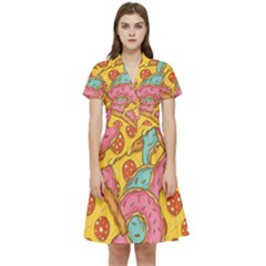 Fast Food Pizza And Donut Pattern Short Sleeve Waist Detail Dress by DinzDas