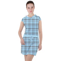 Sky Blue Tartan Plaid Pattern, With Black Lines Drawstring Hooded Dress by Casemiro