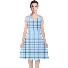 Sky Blue Tartan Plaid Pattern, With Black Lines V-neck Midi Sleeveless Dress  by Casemiro