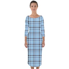 Sky Blue Tartan Plaid Pattern, With Black Lines Quarter Sleeve Midi Bodycon Dress by Casemiro