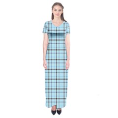 Sky Blue Tartan Plaid Pattern, With Black Lines Short Sleeve Maxi Dress by Casemiro