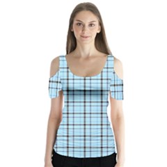 Sky Blue Tartan Plaid Pattern, With Black Lines Butterfly Sleeve Cutout Tee 