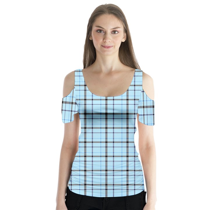 Sky blue tartan plaid pattern, with black lines Butterfly Sleeve Cutout Tee 