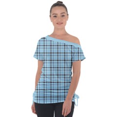 Sky Blue Tartan Plaid Pattern, With Black Lines Off Shoulder Tie-up Tee