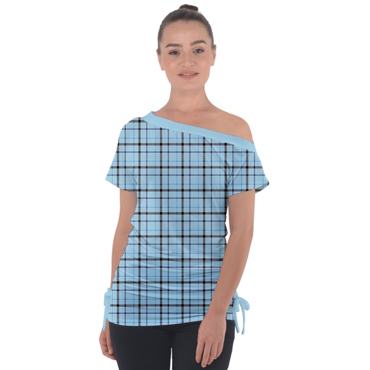 Sky blue tartan plaid pattern, with black lines Off Shoulder Tie-Up Tee