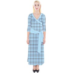 Sky Blue Tartan Plaid Pattern, With Black Lines Quarter Sleeve Wrap Maxi Dress by Casemiro