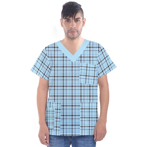 Sky Blue Tartan Plaid Pattern, With Black Lines Men s V-neck Scrub Top by Casemiro