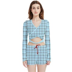 Sky Blue Tartan Plaid Pattern, With Black Lines Velvet Wrap Crop Top And Shorts Set by Casemiro