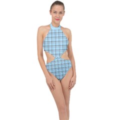 Sky Blue Tartan Plaid Pattern, With Black Lines Halter Side Cut Swimsuit by Casemiro