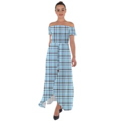 Sky Blue Tartan Plaid Pattern, With Black Lines Off Shoulder Open Front Chiffon Dress by Casemiro