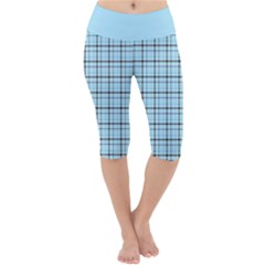 Sky Blue Tartan Plaid Pattern, With Black Lines Lightweight Velour Cropped Yoga Leggings by Casemiro