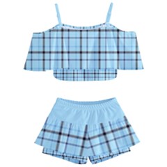 Sky Blue Tartan Plaid Pattern, With Black Lines Kids  Off Shoulder Skirt Bikini by Casemiro