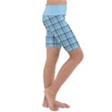 Sky blue tartan plaid pattern, with black lines Kids  Lightweight Velour Cropped Yoga Leggings View3