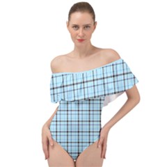 Sky Blue Tartan Plaid Pattern, With Black Lines Off Shoulder Velour Bodysuit  by Casemiro