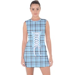 Sky Blue Tartan Plaid Pattern, With Black Lines Lace Up Front Bodycon Dress by Casemiro