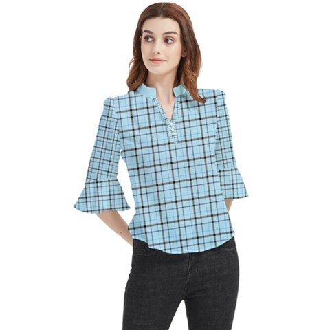 Sky Blue Tartan Plaid Pattern, With Black Lines Loose Horn Sleeve Chiffon Blouse by Casemiro