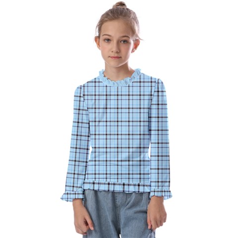 Sky Blue Tartan Plaid Pattern, With Black Lines Kids  Frill Detail Tee by Casemiro