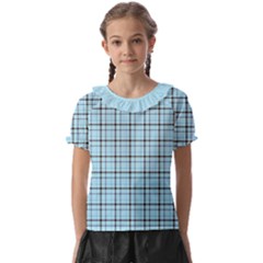 Sky Blue Tartan Plaid Pattern, With Black Lines Kids  Frill Chiffon Blouse