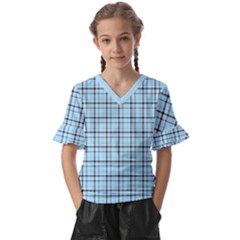 Sky Blue Tartan Plaid Pattern, With Black Lines Kids  V-neck Horn Sleeve Blouse by Casemiro