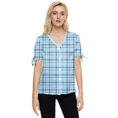 Sky Blue Tartan Plaid Pattern, With Black Lines Bow Sleeve Button Up Top by Casemiro