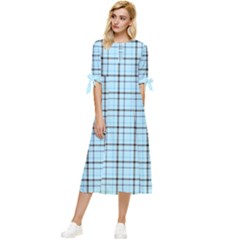 Sky Blue Tartan Plaid Pattern, With Black Lines Bow Sleeve Chiffon Midi Dress by Casemiro