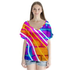 Pop Art Neon Wall V-neck Flutter Sleeve Top by essentialimage365