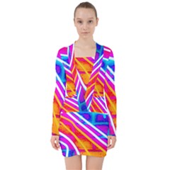 Pop Art Neon Wall V-neck Bodycon Long Sleeve Dress by essentialimage365