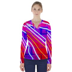 Pop Art Neon Lights V-neck Long Sleeve Top by essentialimage365