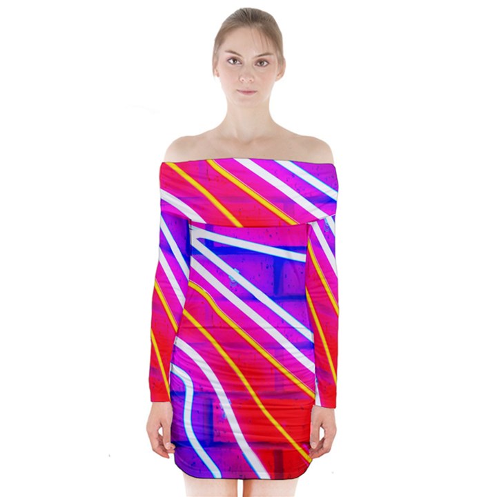 Pop Art Neon Lights Long Sleeve Off Shoulder Dress